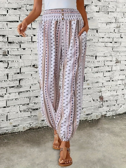 Boho High-Waist Women's Trousers with Print & Smocked Waistband – Linara
