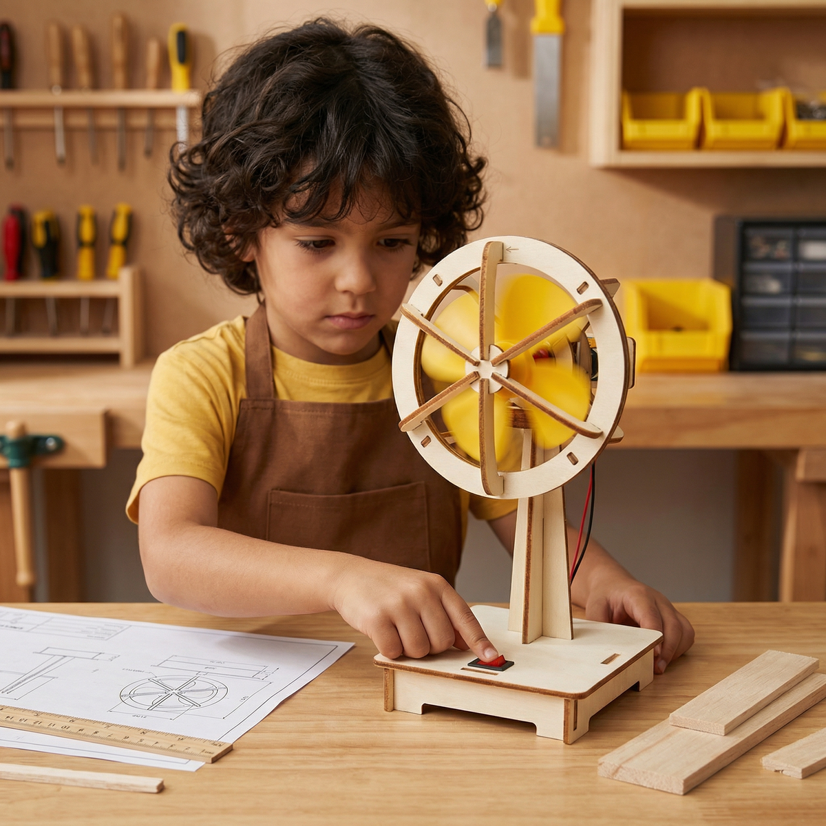 Boy in a brown apron presses the red switch on a wooden desk fan model with spinning yellow blades. 2
