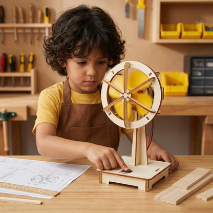 Boy in a brown apron presses the red switch on a wooden desk fan model with spinning yellow blades. 2