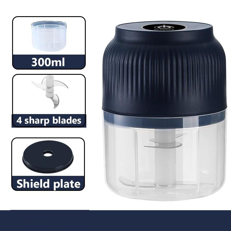 Navy ribbed chopper with clear 300ml bowl, shown with separate insets of the bowl, the four-blade cutter and the black shield plate. 7