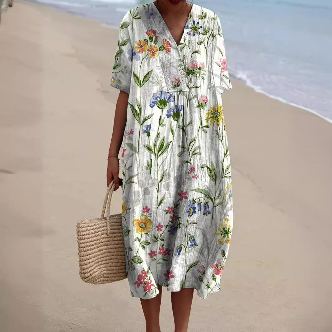 Lightweight summer floral dress with V-neck & comfort fit – Talia