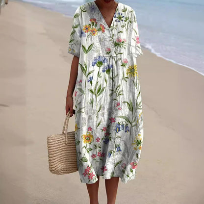 Lightweight summer floral dress with V-neck & comfort fit – Talia