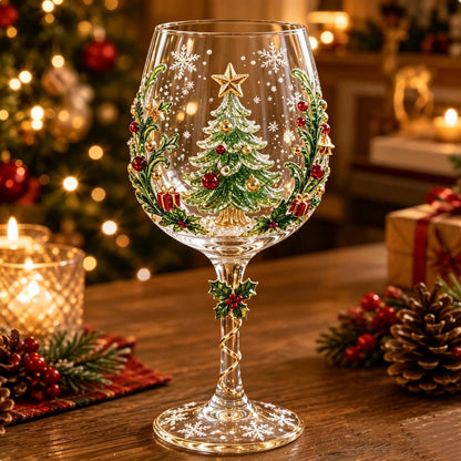Wine glass showing a decorated Christmas tree topped with a gold star, framed by holly sprigs 4