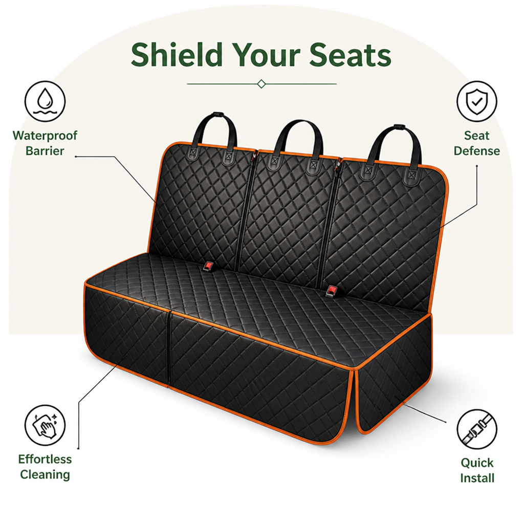 Black quilted rear seat cover with orange piping shown on its own, with three headrest loops, side flaps and seat belt openings. 2