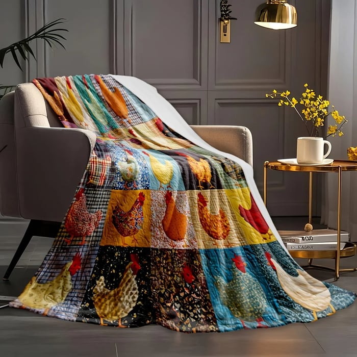 Colourful patchwork chicken blanket draped over a beige armchair beside a gold side table 15