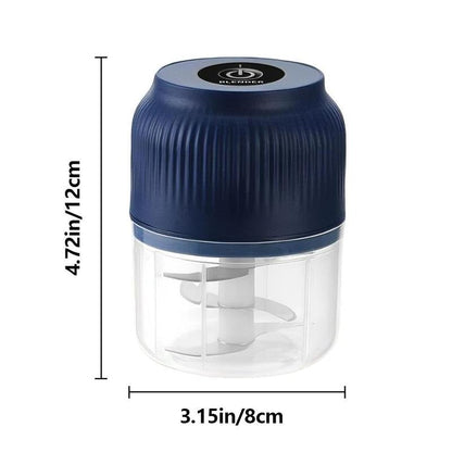 Navy chopper with clear bowl and visible blades, dimensioned at 12cm tall and 8cm wide on a plain white background. 8