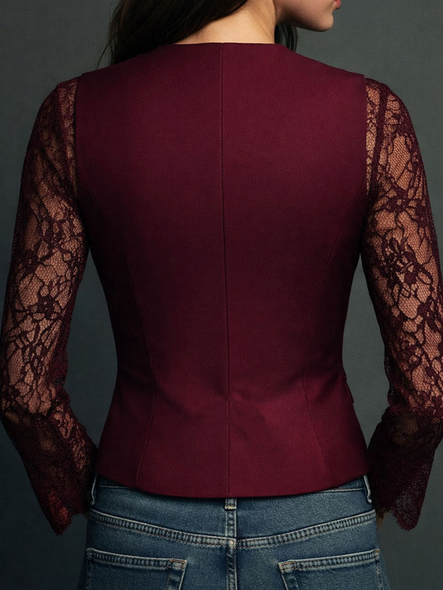 Back view of the burgundy version with seamed panels and lace sleeves 14