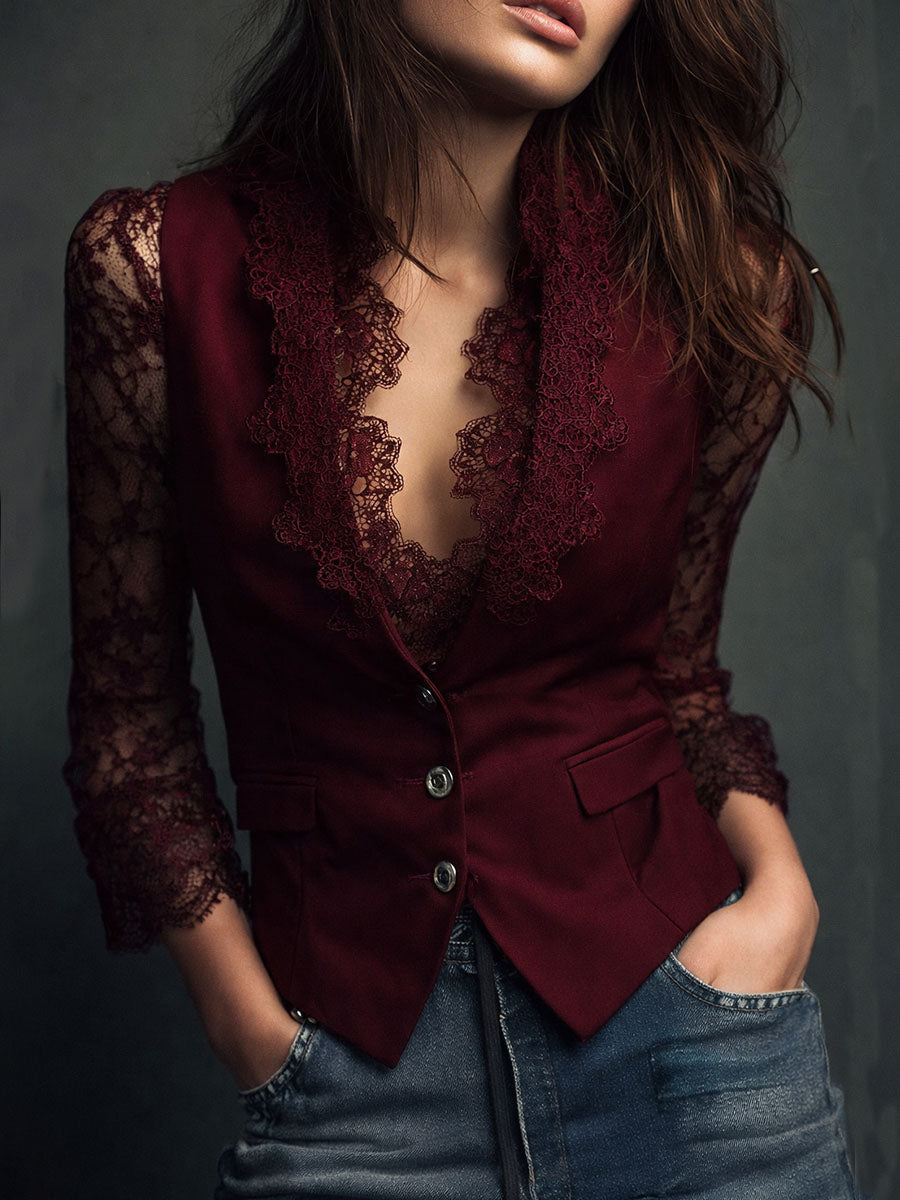 Burgundy version with matching lace collar and sleeves, worn by a model with hands in pockets 3