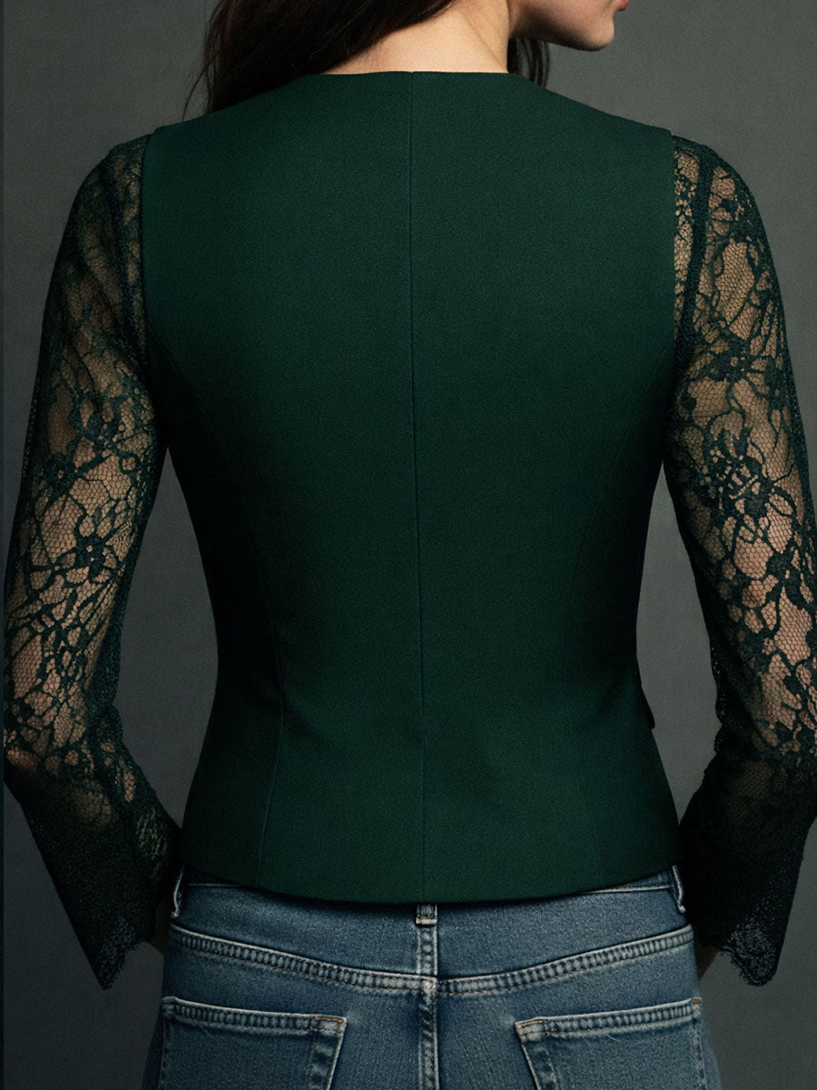 Back view of the dark green version with plain back and lace sleeves 15