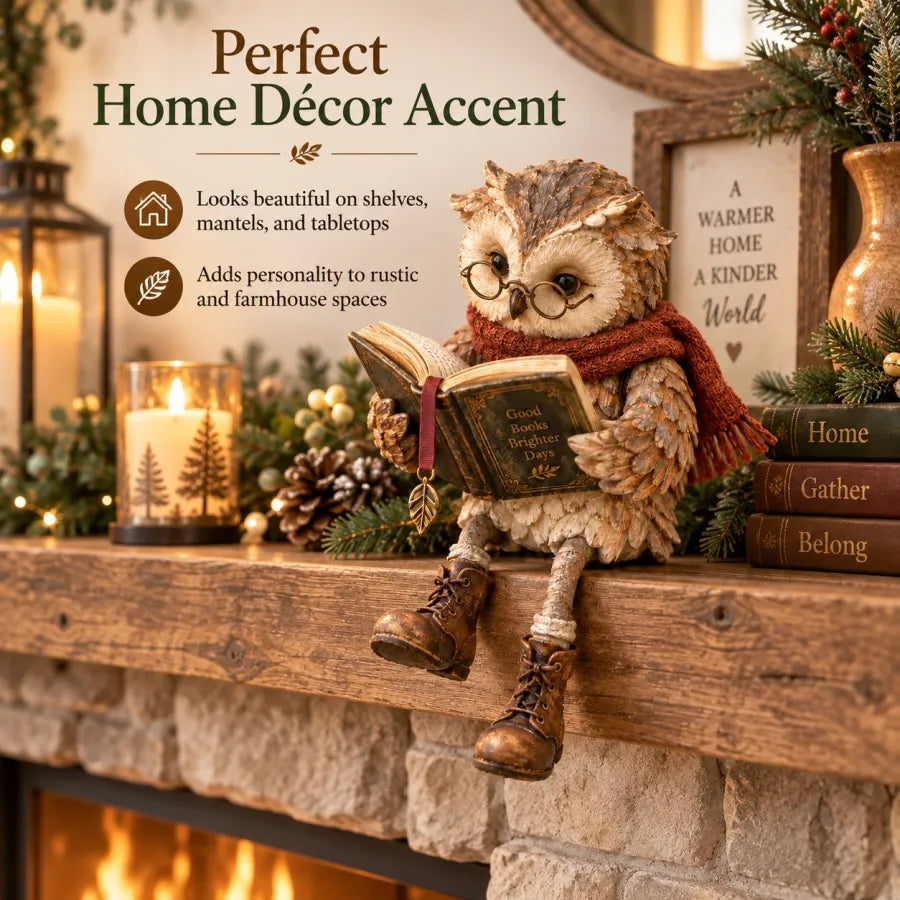Owl figurine sitting on a rustic wooden mantelpiece with candles, pine cones and greenery, above a lit fireplace. 5