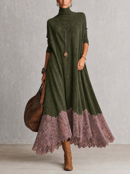 Model in olive green roll-neck maxi dress with dusky pink lace hem, front view 4
