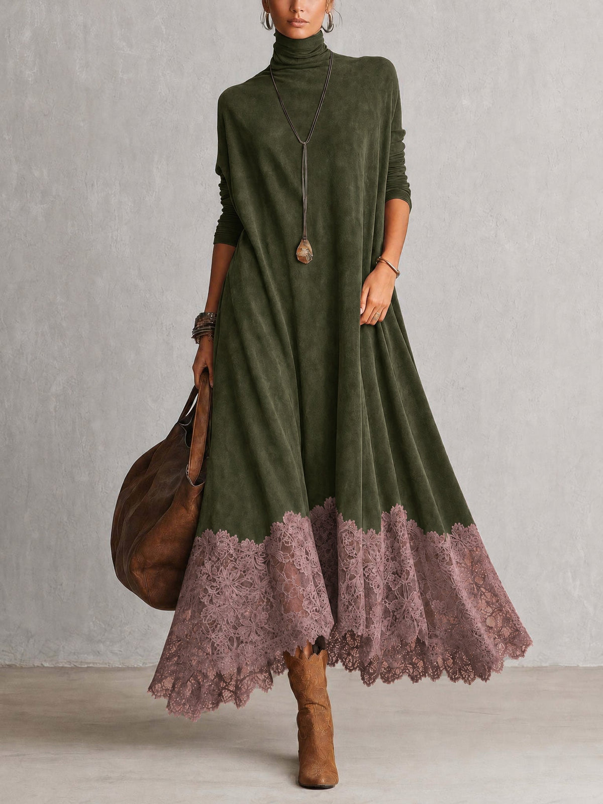 Front view of the dress in olive green with a dusky pink lace hem 9