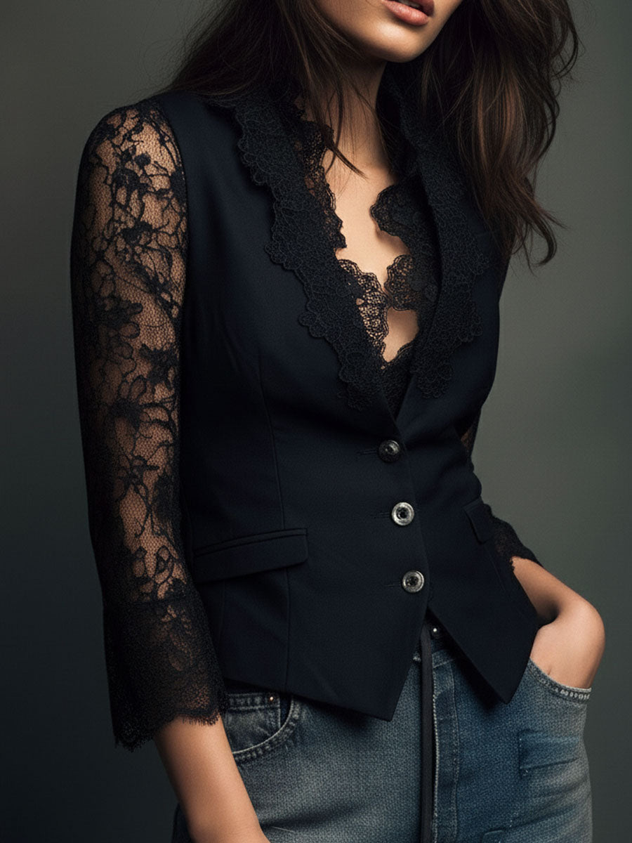 Black lace-sleeved waistcoat jacket shown at a slight angle, with flap pocket and three buttons 9