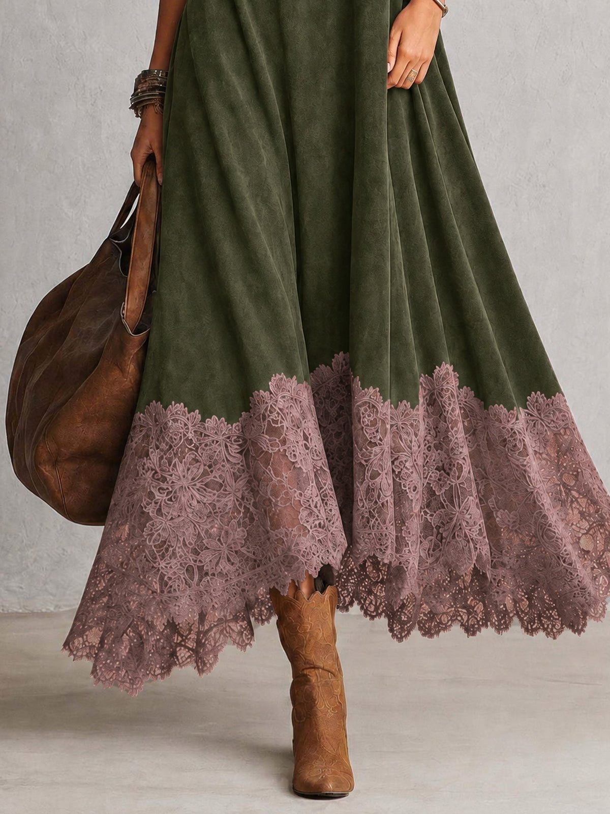 Detail of the olive green skirt, trimmed with a dusky pink floral lace hem 16