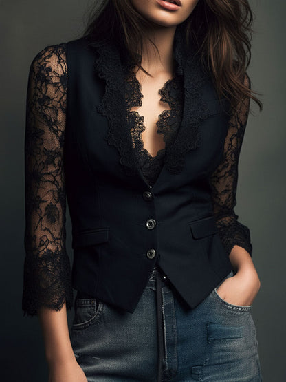 Black version worn by a model with one hand in a jeans pocket, showing lace sleeves 8