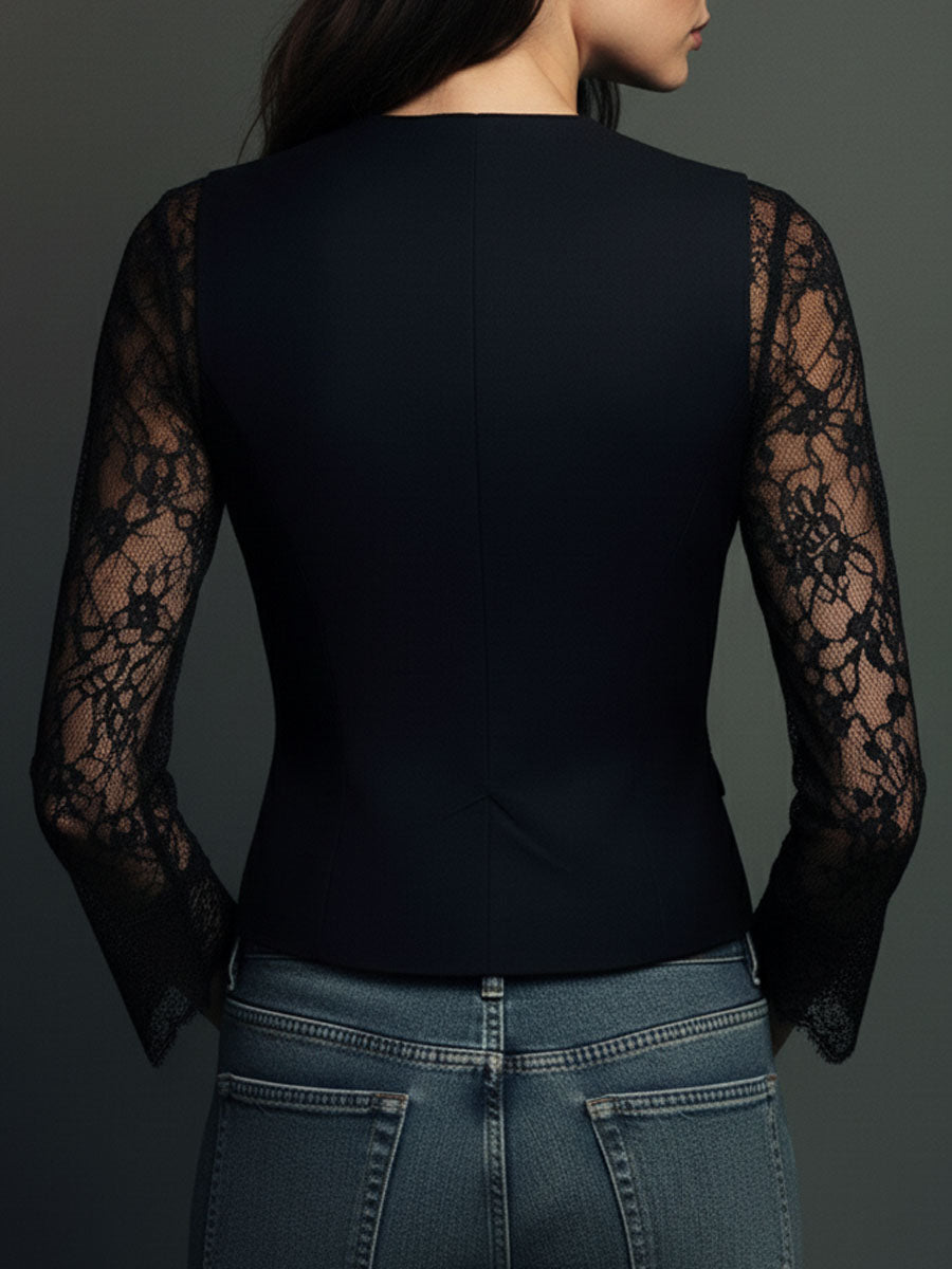 Back view of the black version with plain structured back panel and sheer lace sleeves 12