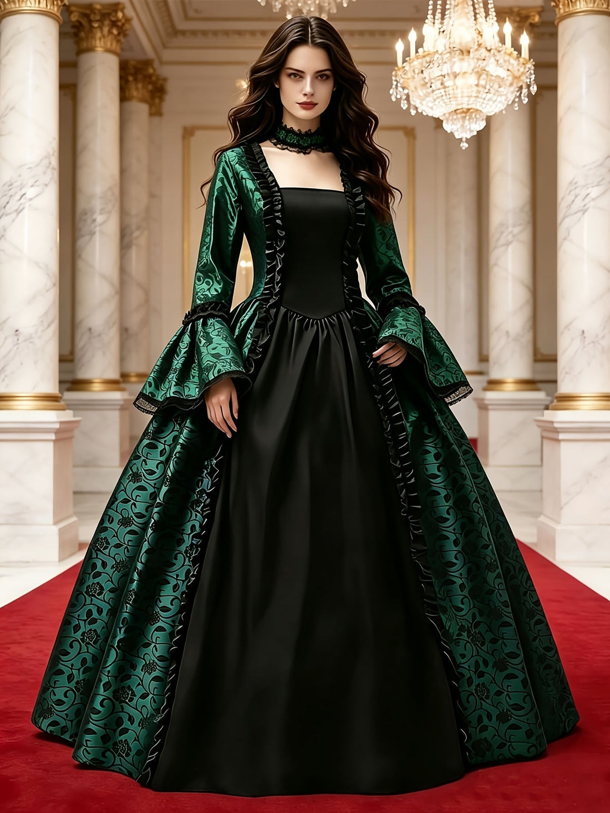 Model wearing the green and black version of the gown with lace choker, standing on a red carpet in a marble hall. 6