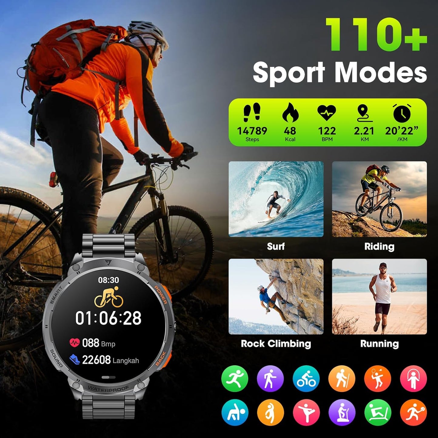Men's military smartwatch with a 1.85-inch HD display and torch.