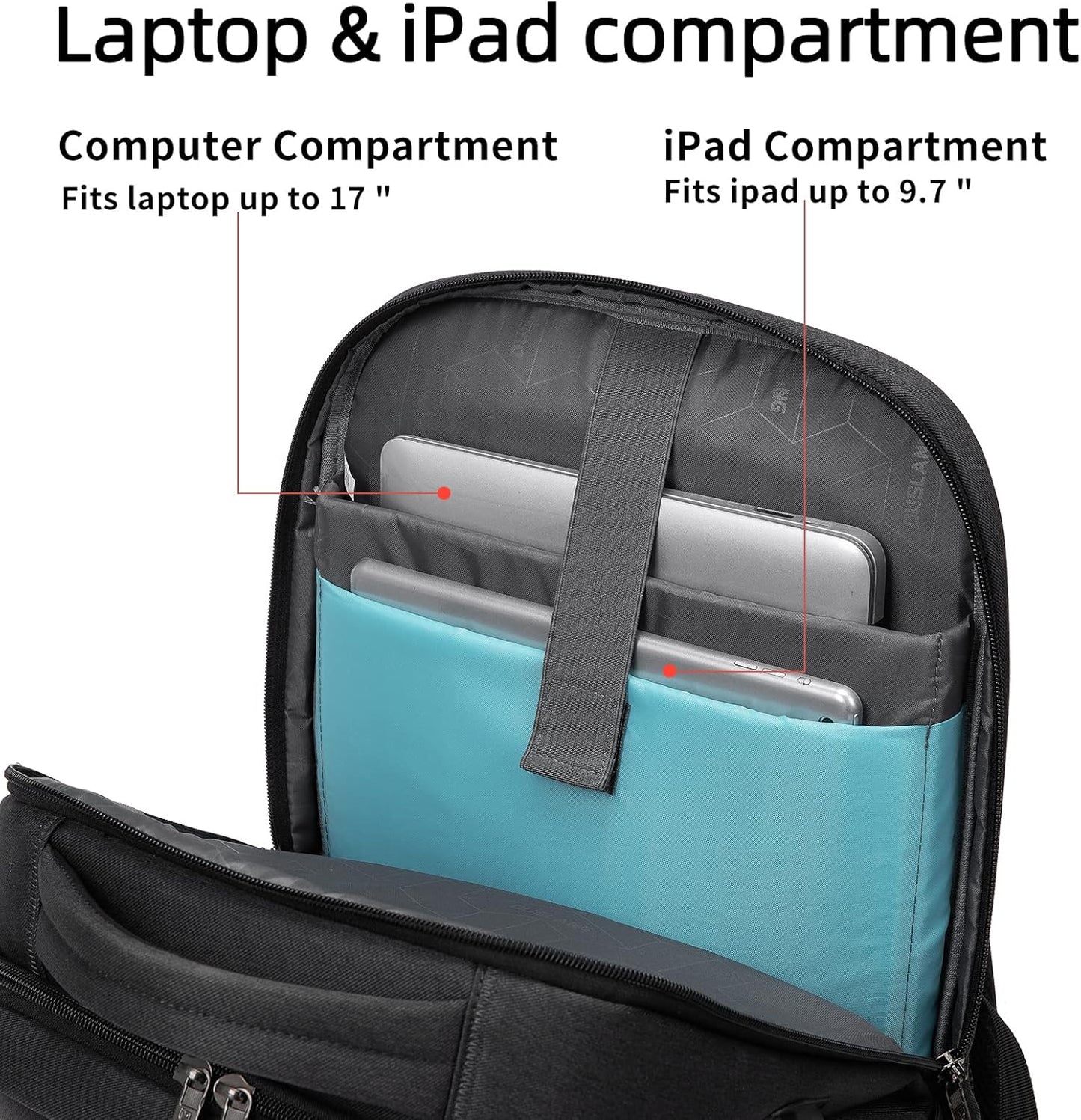Waterproof travel laptop backpack with USB port and organised storage