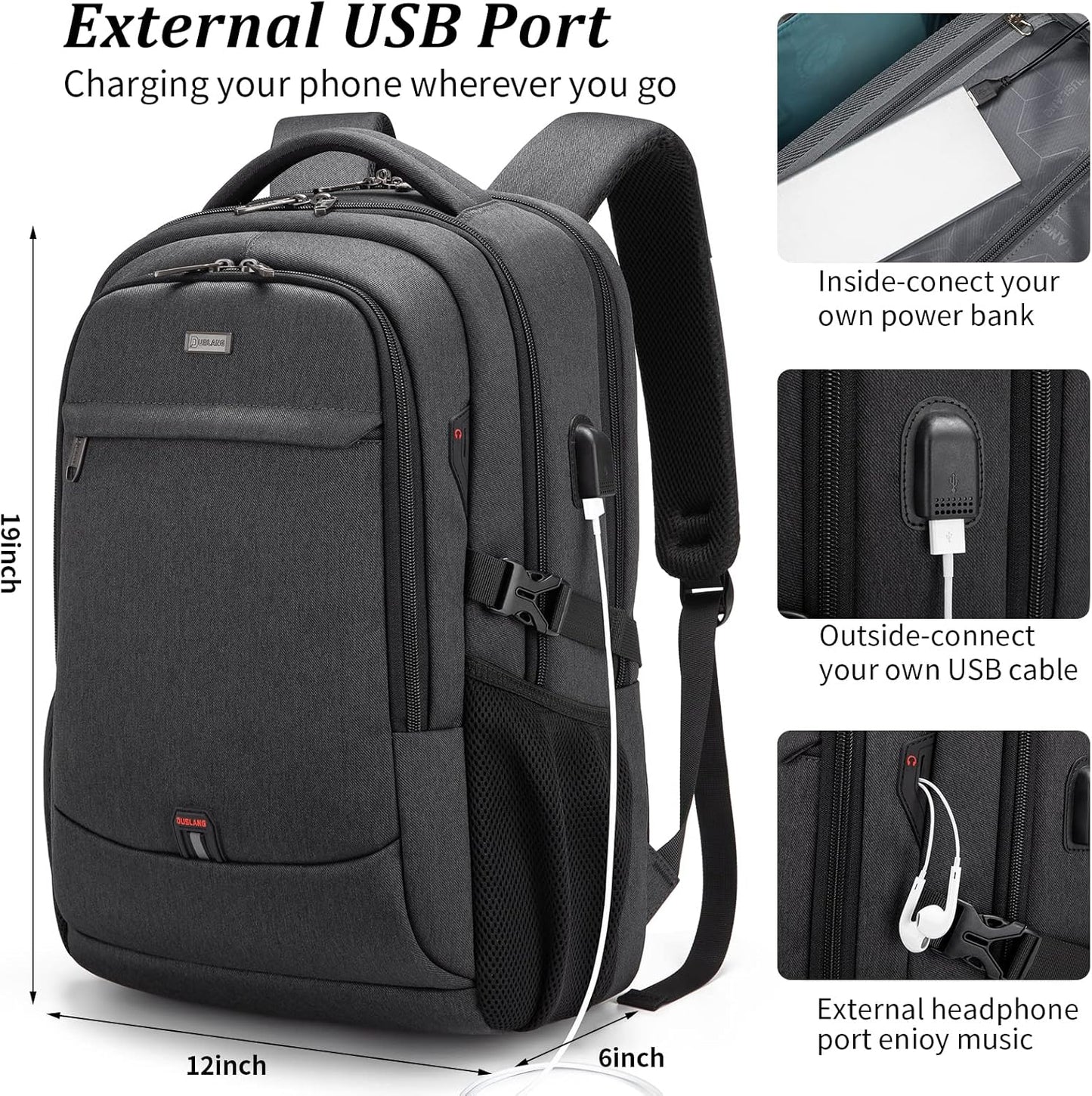 Waterproof travel laptop backpack with USB port and organised storage