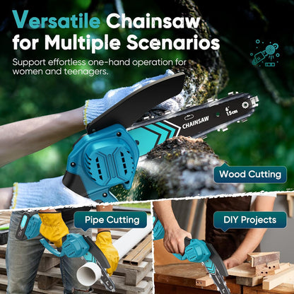 Cordless 6-inch Mini Chainsaw with LED Light and 21 V Battery – TimberCut