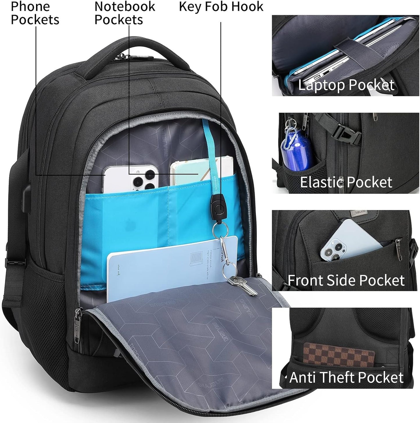 Waterproof travel laptop backpack with USB port and organised storage