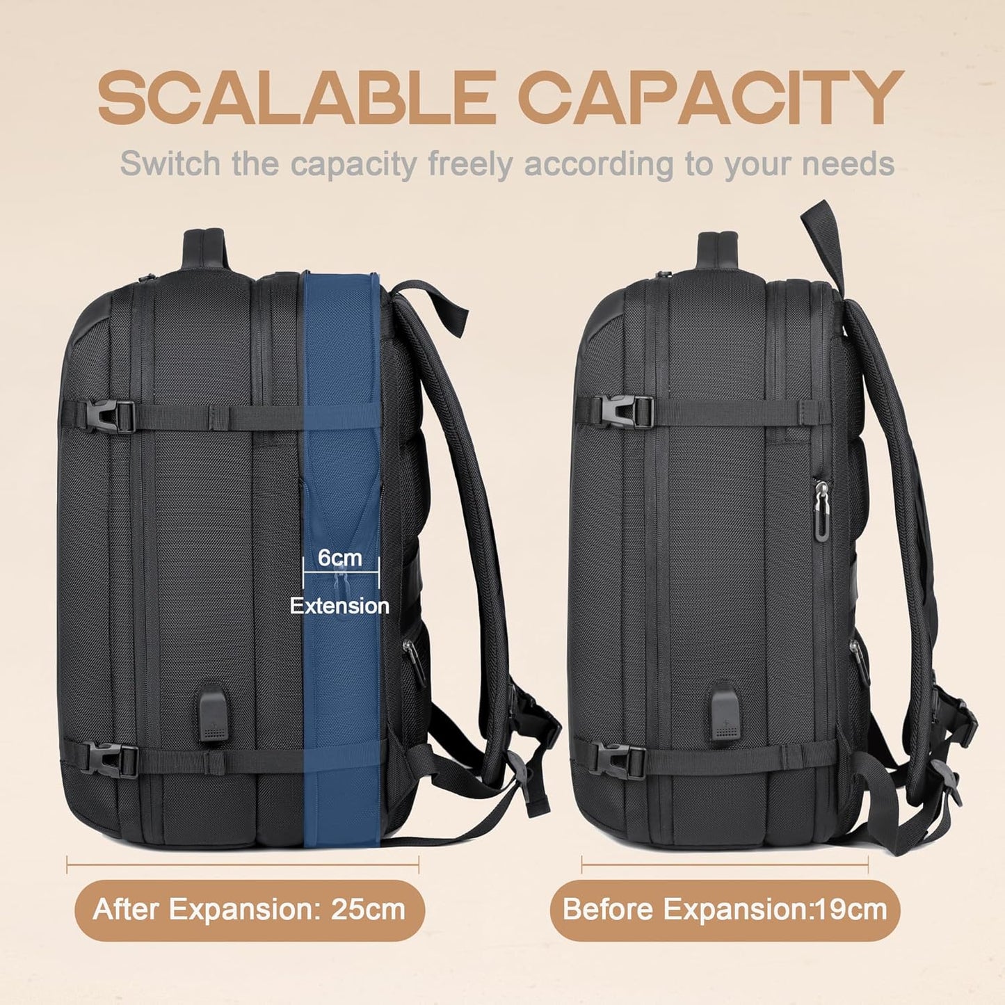 40L expandable waterproof travel backpack with USB port & 17" laptop compartment – AirVoyage