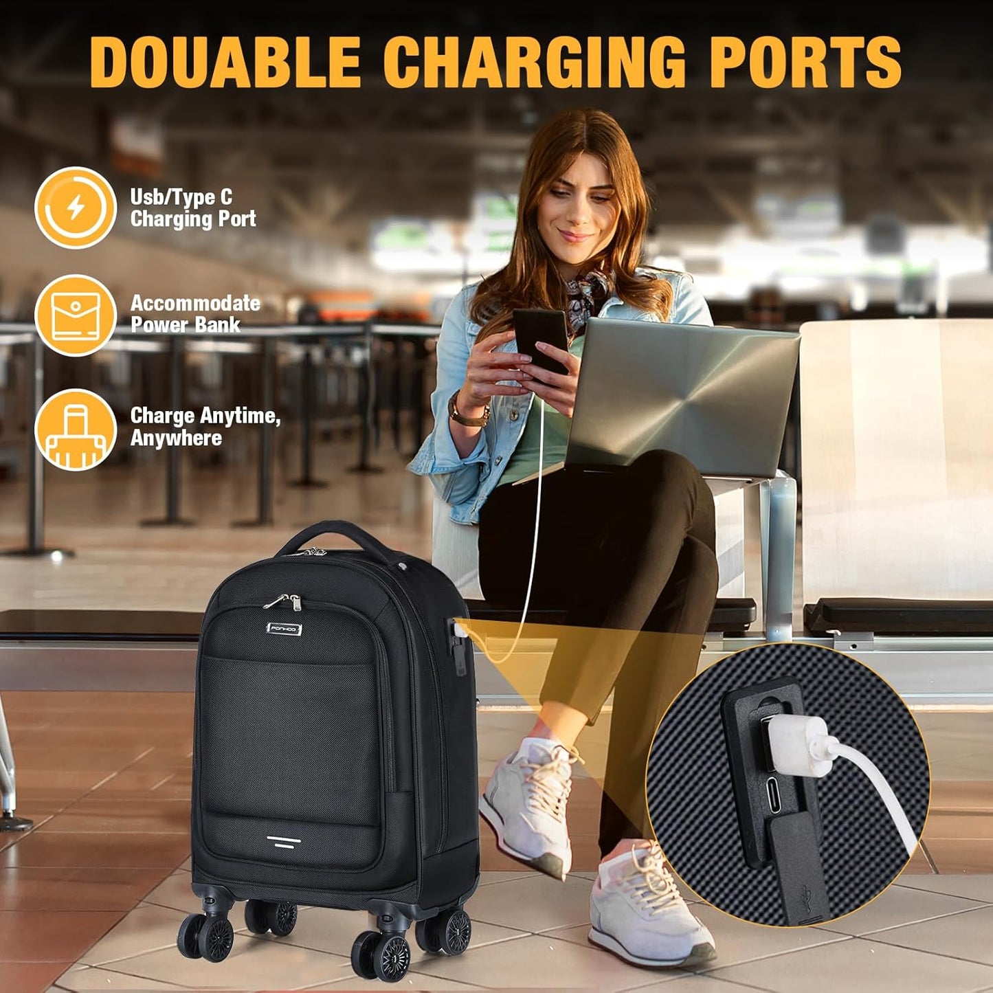 30L rolling backpack for laptops with four spinner wheels and a water-repellent design.