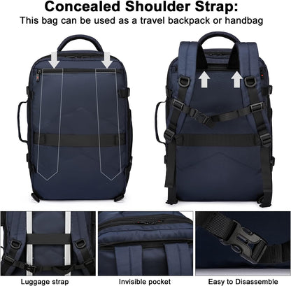 Expandable 45–55 L waterproof travel backpack with 46.5 cm laptop compartment