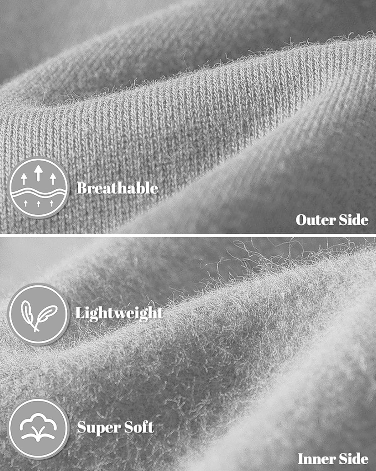 Close-up of the light grey fabric showing the smooth knit outer side and the soft fleece inner side 29