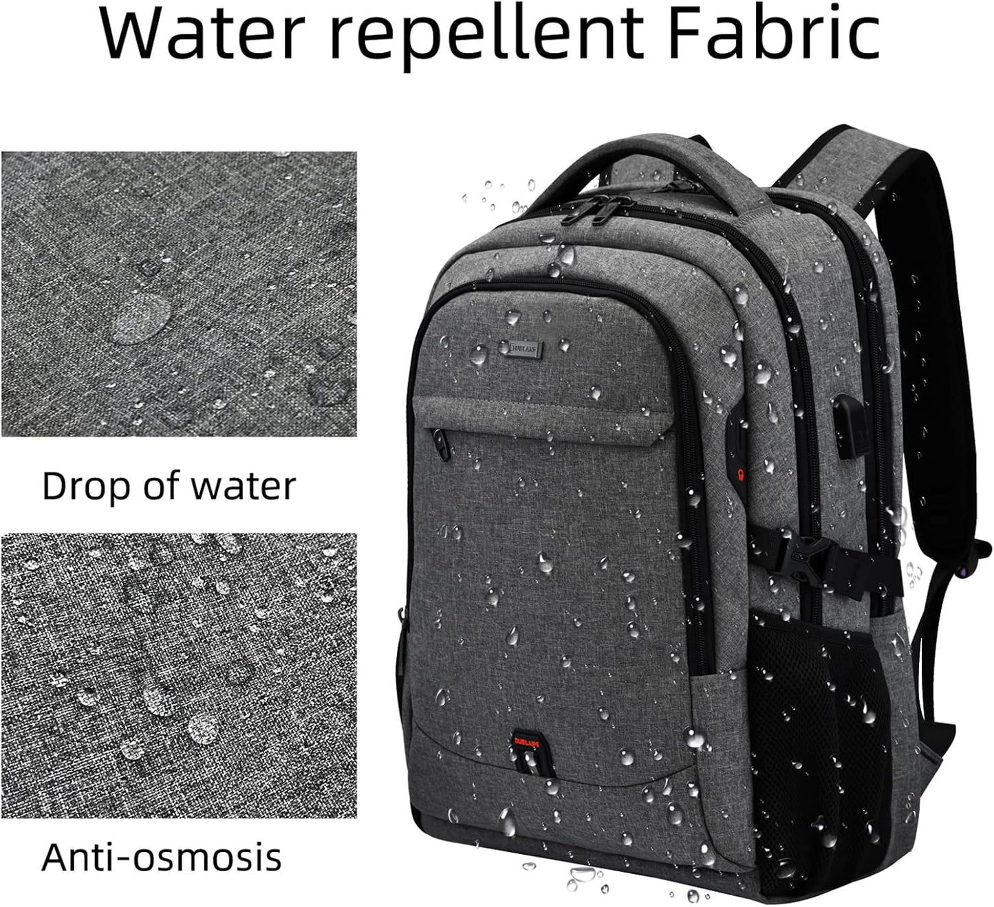 Waterproof travel laptop backpack with USB port and organised storage