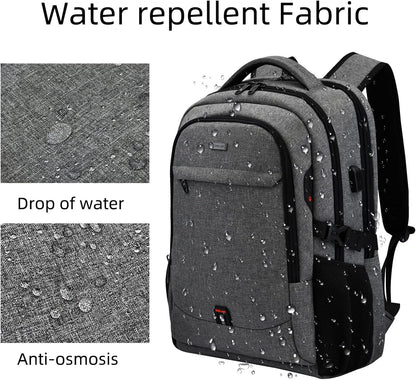 Waterproof travel laptop backpack with USB port and organised storage