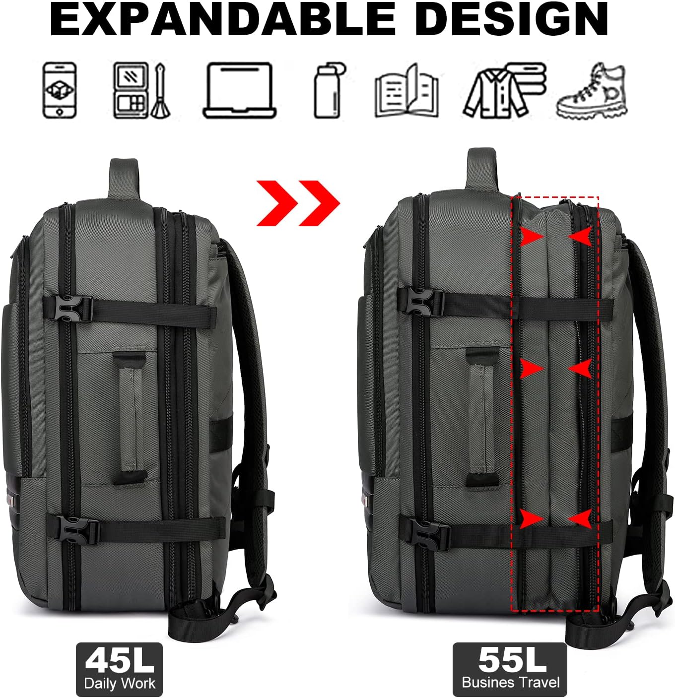 Expandable 45–55 L waterproof travel backpack with 46.5 cm laptop compartment