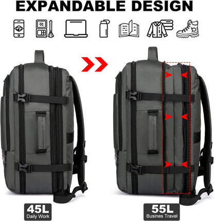 Expandable 45–55 L waterproof travel backpack with 46.5 cm laptop compartment