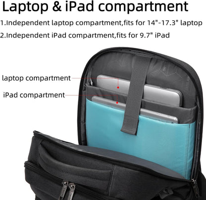 Waterproof travel laptop backpack with USB port and organised storage