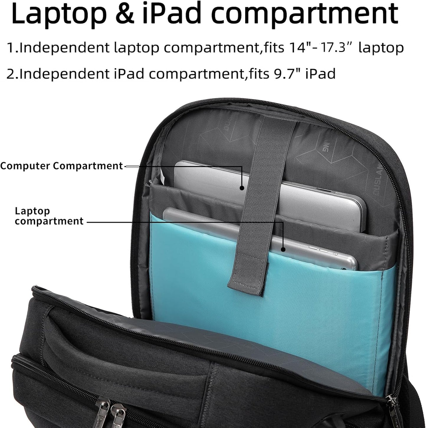 Waterproof travel laptop backpack with USB port and organised storage