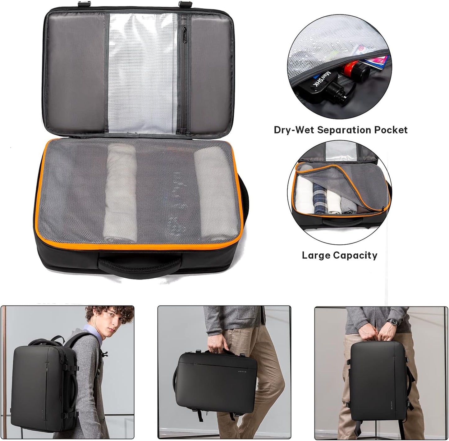 Expandable 26–45 L waterproof travel backpack with laptop compartment and duffel option.