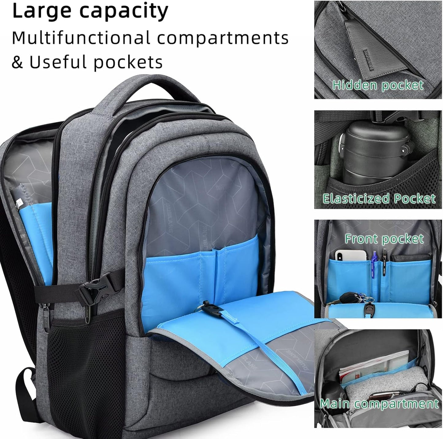 Waterproof travel laptop backpack with USB port and organised storage