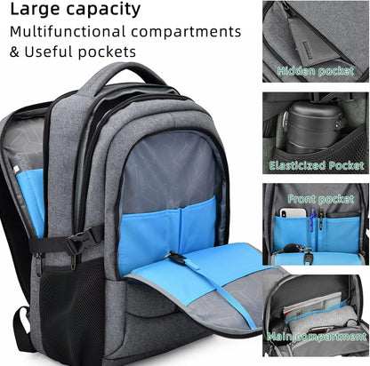 Waterproof travel laptop backpack with USB port and organised storage