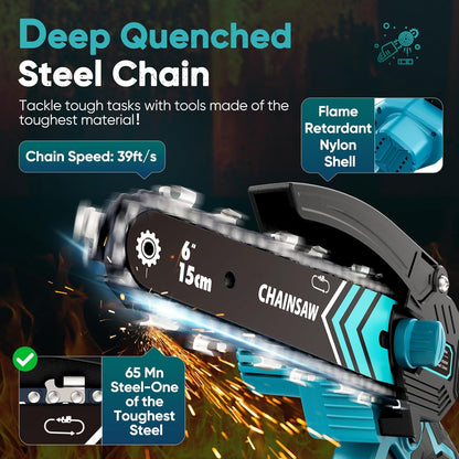 Cordless 6-inch Mini Chainsaw with LED Light and 21 V Battery – TimberCut