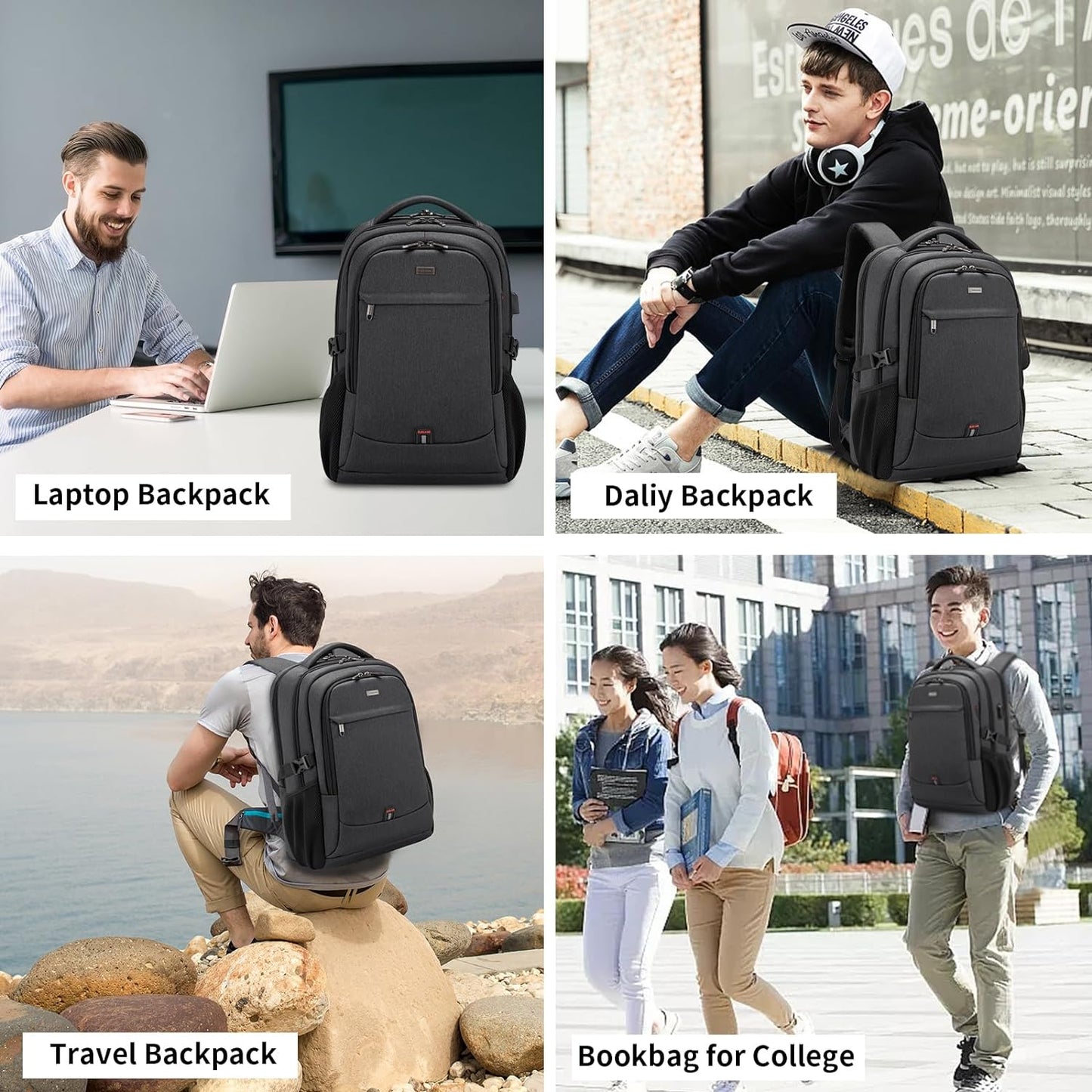 Waterproof travel laptop backpack with USB port and organised storage