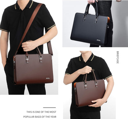 Genuine leather multi-compartment business laptop bag for professionals