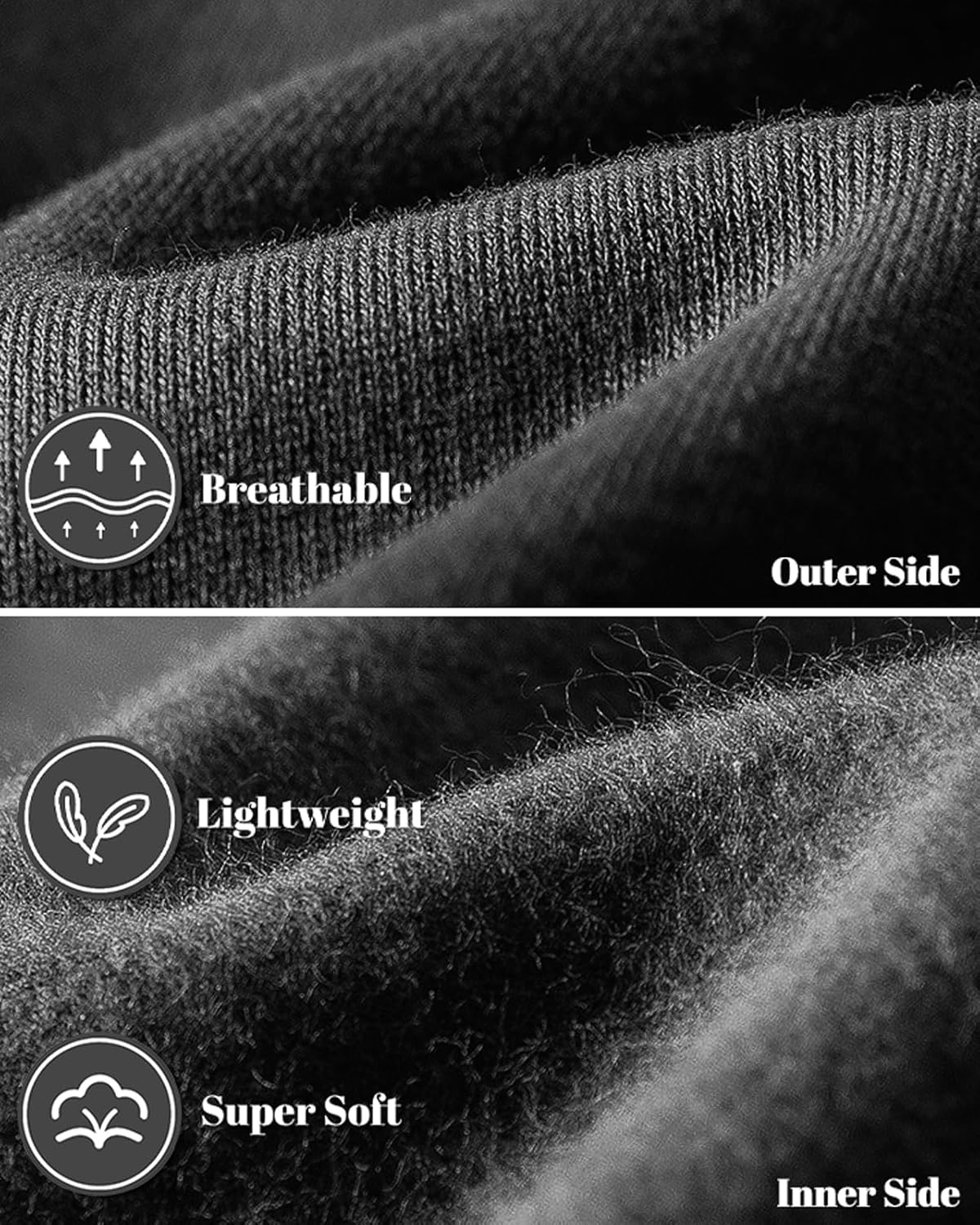 Close-up of the black fleece fabric, smooth knit outside and soft brushed inside 24