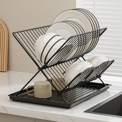 Foldable dish drainer – 2-tier kitchen drying rack with removable tray – Kelvra
