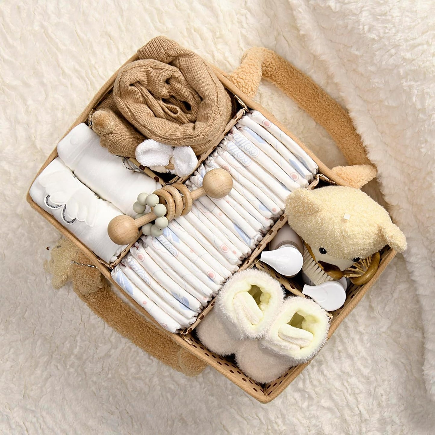 Baby Nappy Caddy Organiser – Plush Sherpa Storage Basket with Compartments – Elvoria