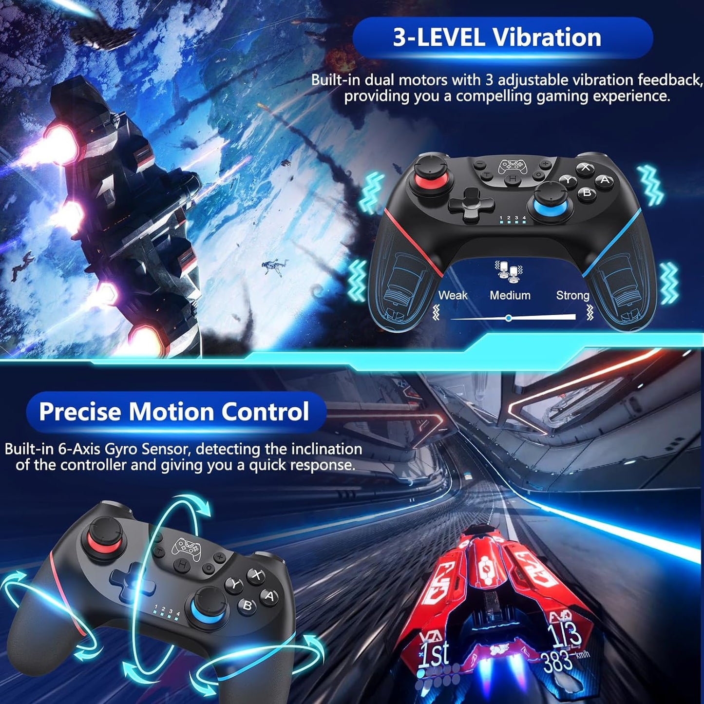 Wireless Switch controller with Hall-effect joysticks and turbo function – Nexora