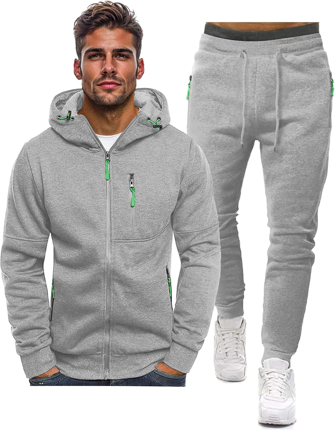 Light grey zip-up hoodie with green zip pulls beside matching drawstring joggers, shown as a set 25