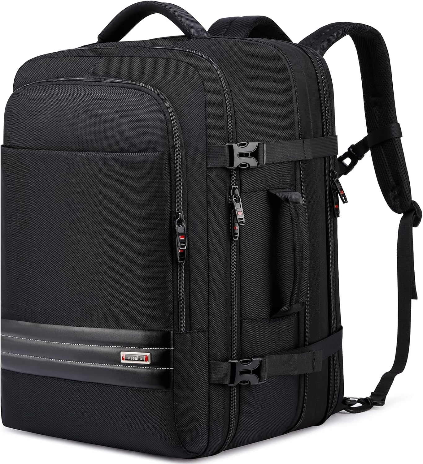 Expandable 45–55 L waterproof travel backpack with 46.5 cm laptop compartment