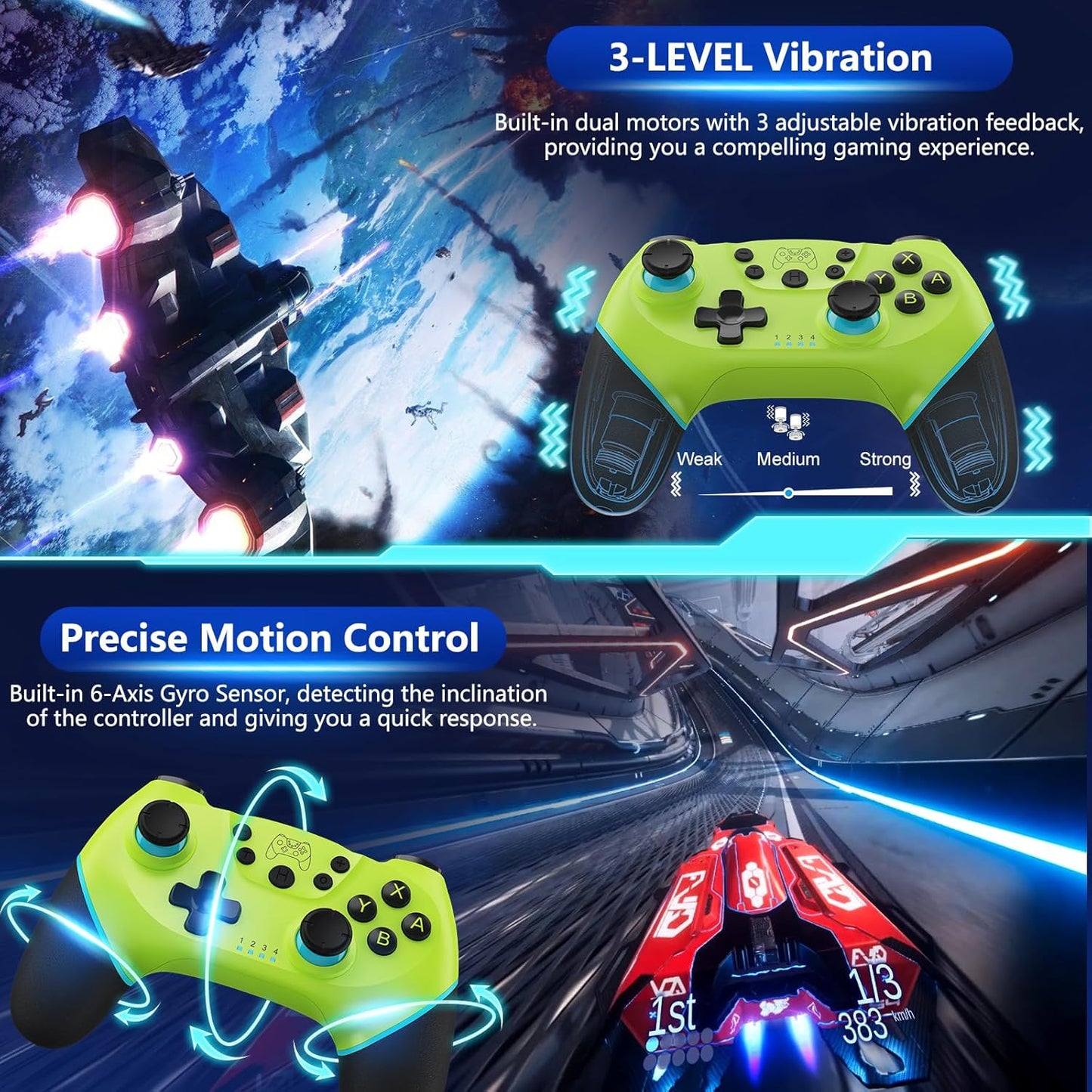Wireless Switch controller with Hall-effect joysticks and turbo function – Nexora