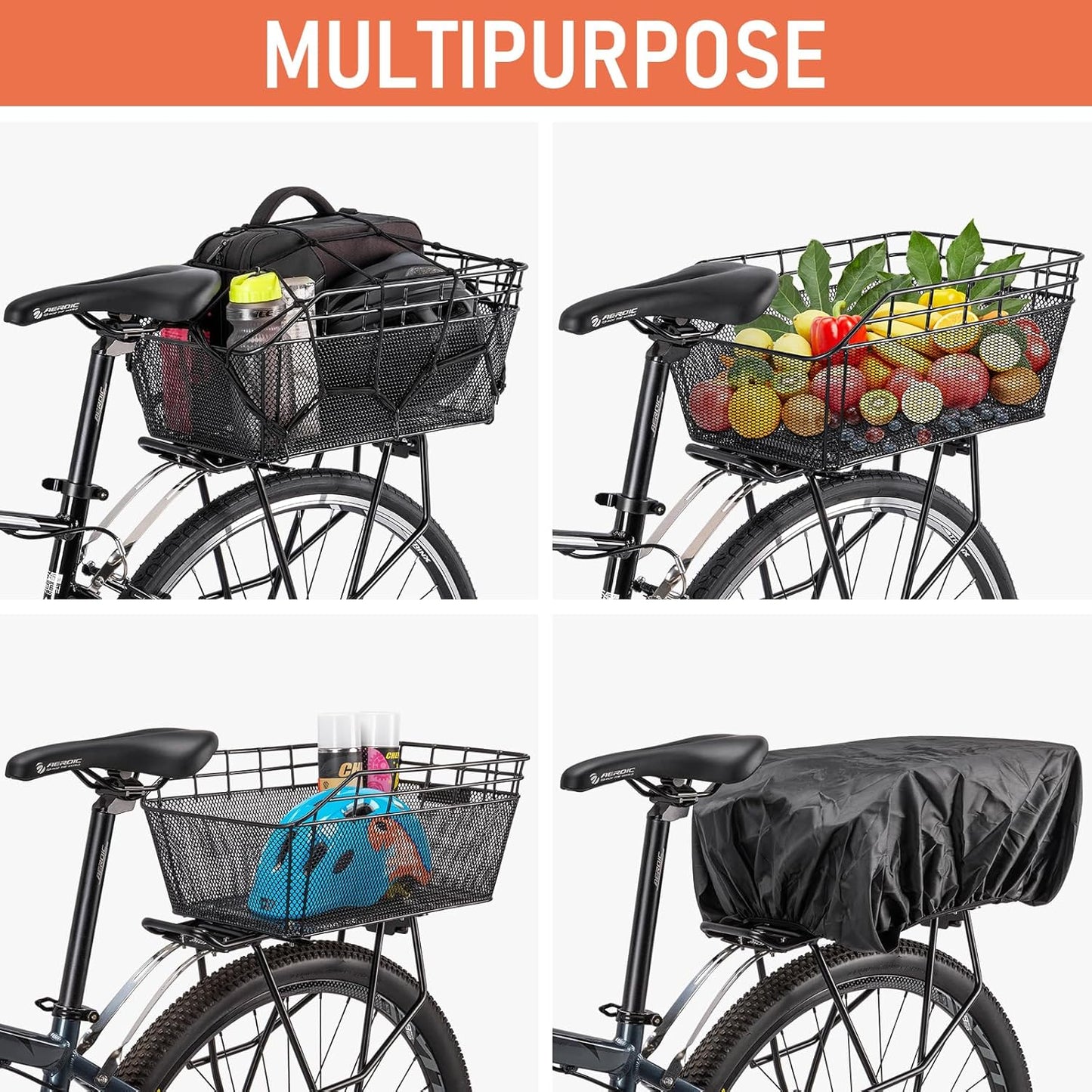 Large rear bike basket with cargo net & waterproof cover – Orvian